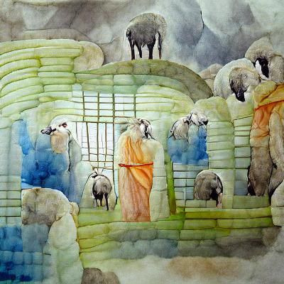 Sheep in Pen: Watercolor Pastoral Scene