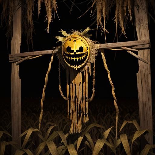 Eerie Three-Eyed Scarecrow in Surreal Cornfield