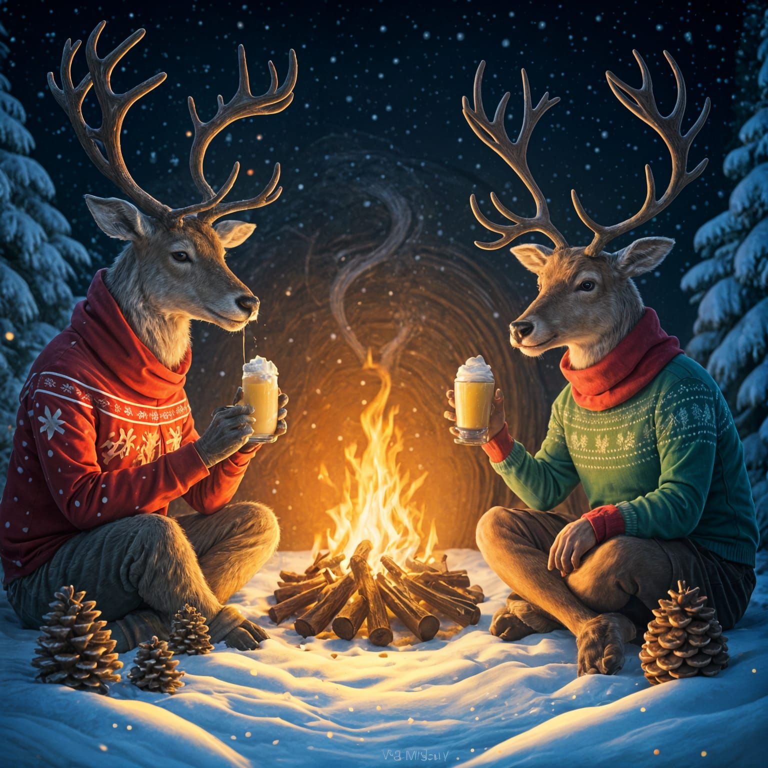 Jolly Reindeer Gather 'Round a Cozy Winter Fire