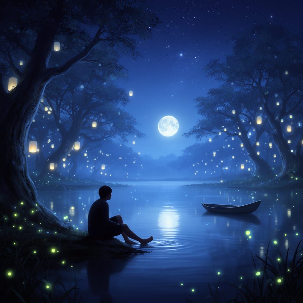 Tranquil Lake Reflection with Fireflies at Night