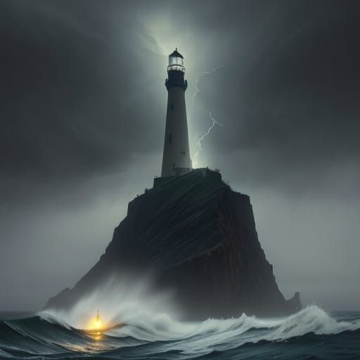 Majestic Lighthouse Illuminates Turbulent Stormy Seascape