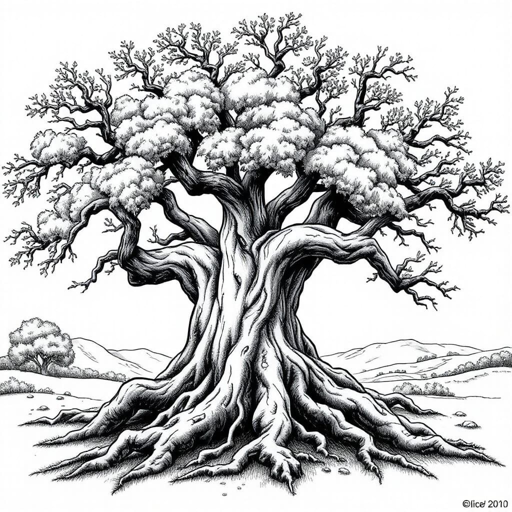 Oak Tree Illustration in Fantasy Art Style