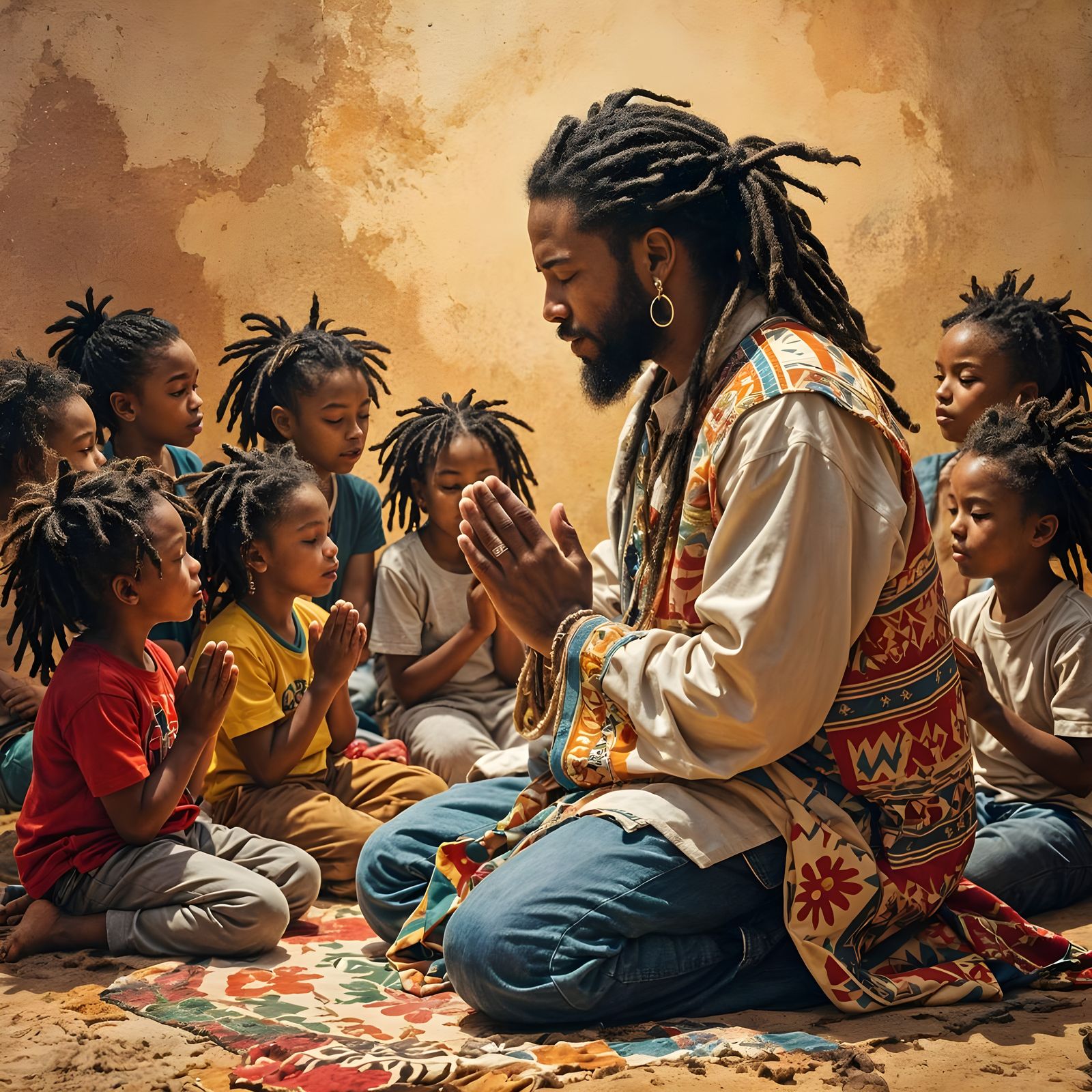 Man with Dreads Praying with Children