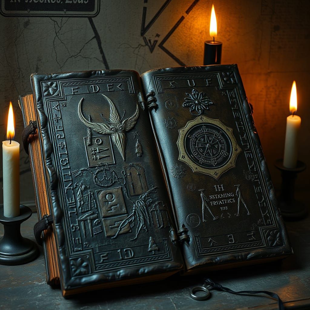 Grimoire of Eldritch Secrets in Dark Futurist Style