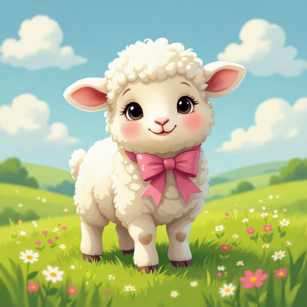 Adorable Fluffy Lamb in Whimsical Children's Book Style