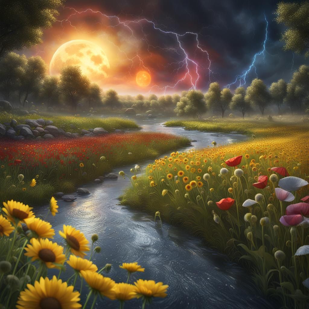 Surreal Stormy Landscape with Rainbow and Flowers