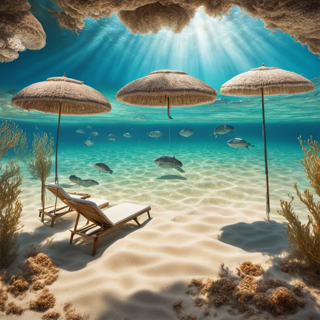 Underwater Beach Scene with Sunbathers: Hyperrealistic Photo