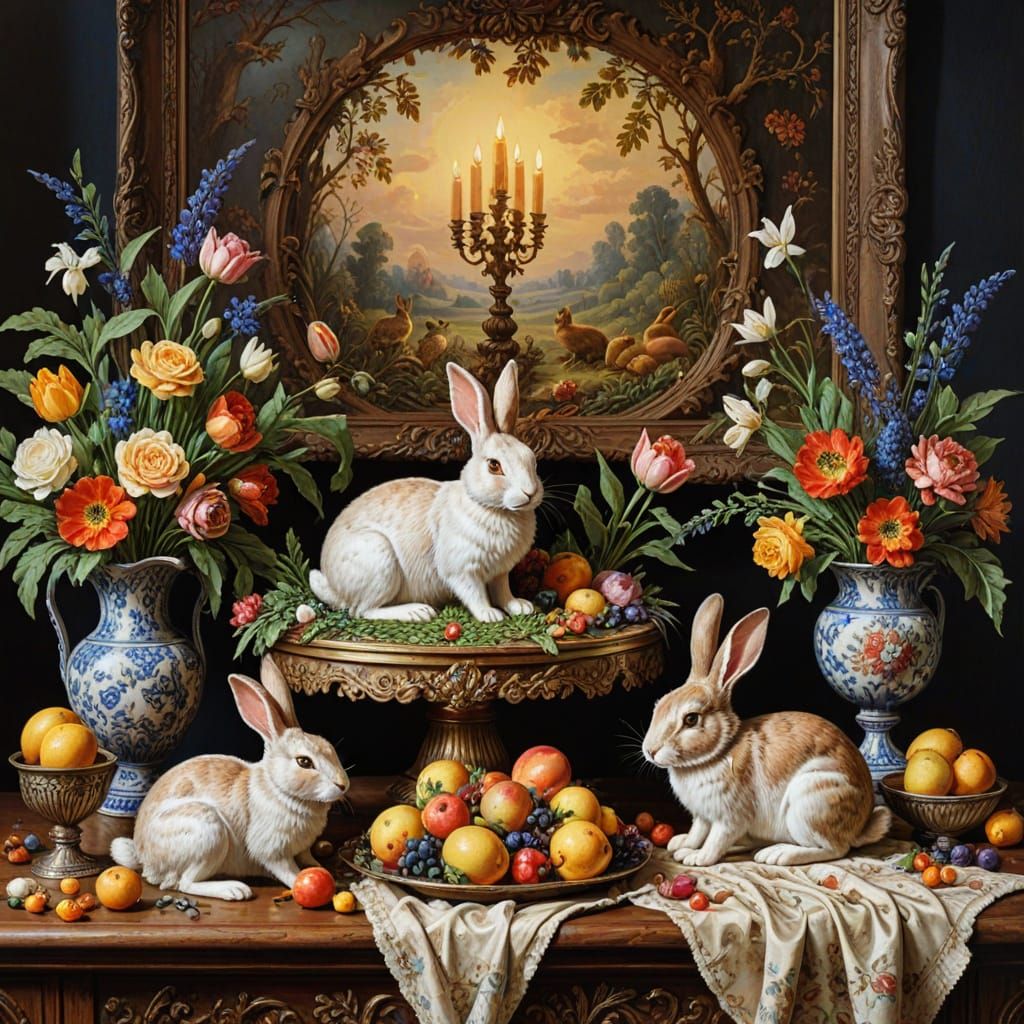 Epic Brocade Still Life with Rabbits in Vibrant Impasto Styl...