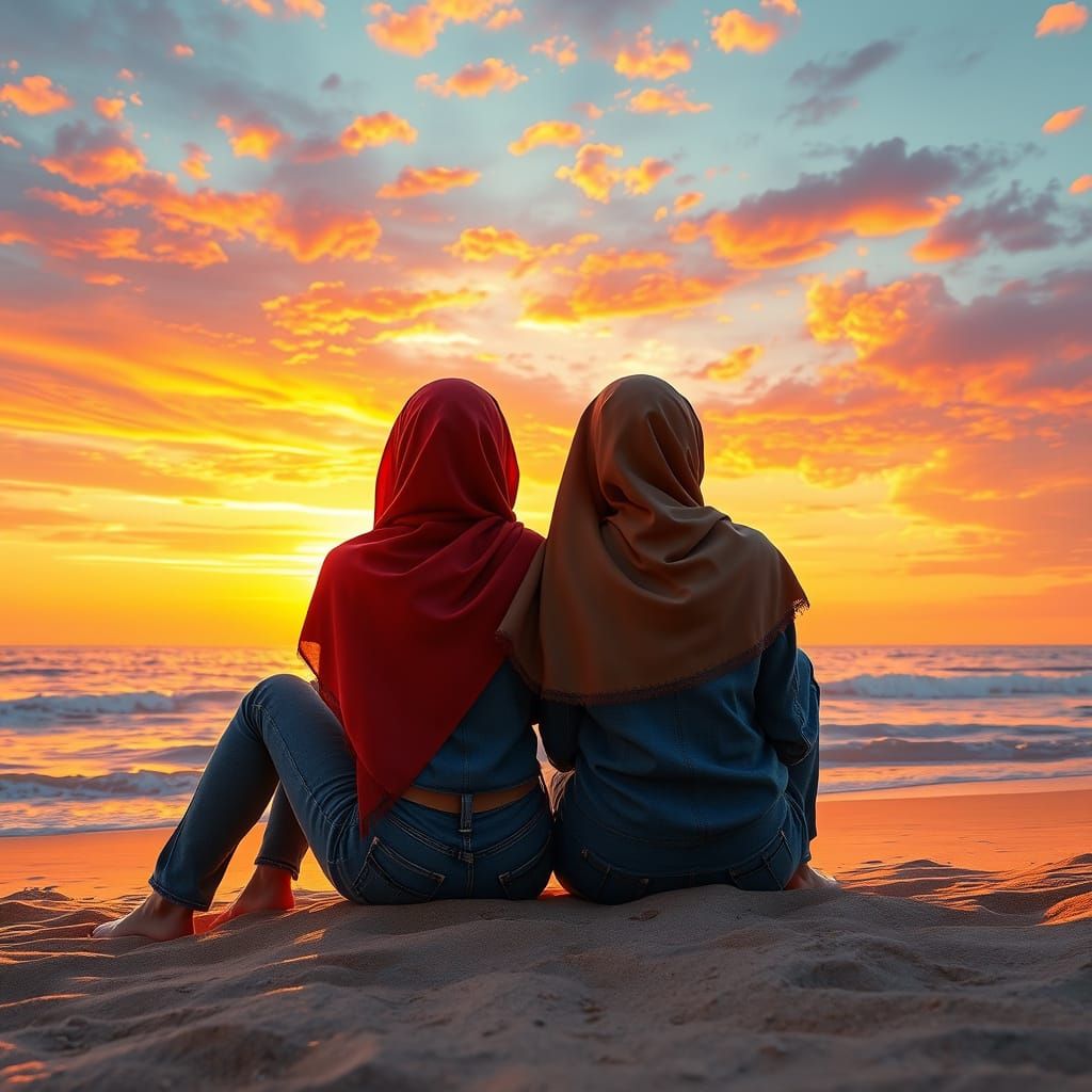 Sunset Beach Scene with Two Friends, Digital Art