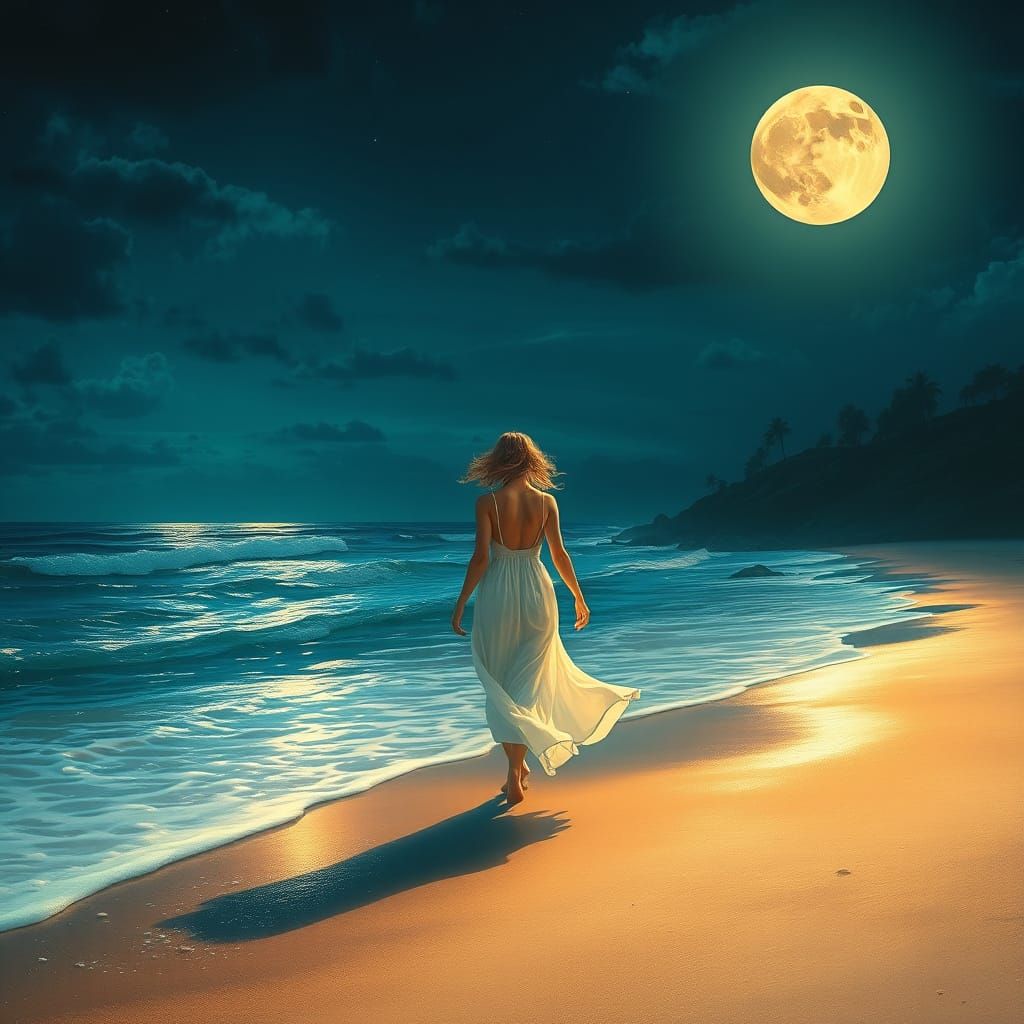 Moonlit Beach Walk: Fantasy Matte Painting in 8k