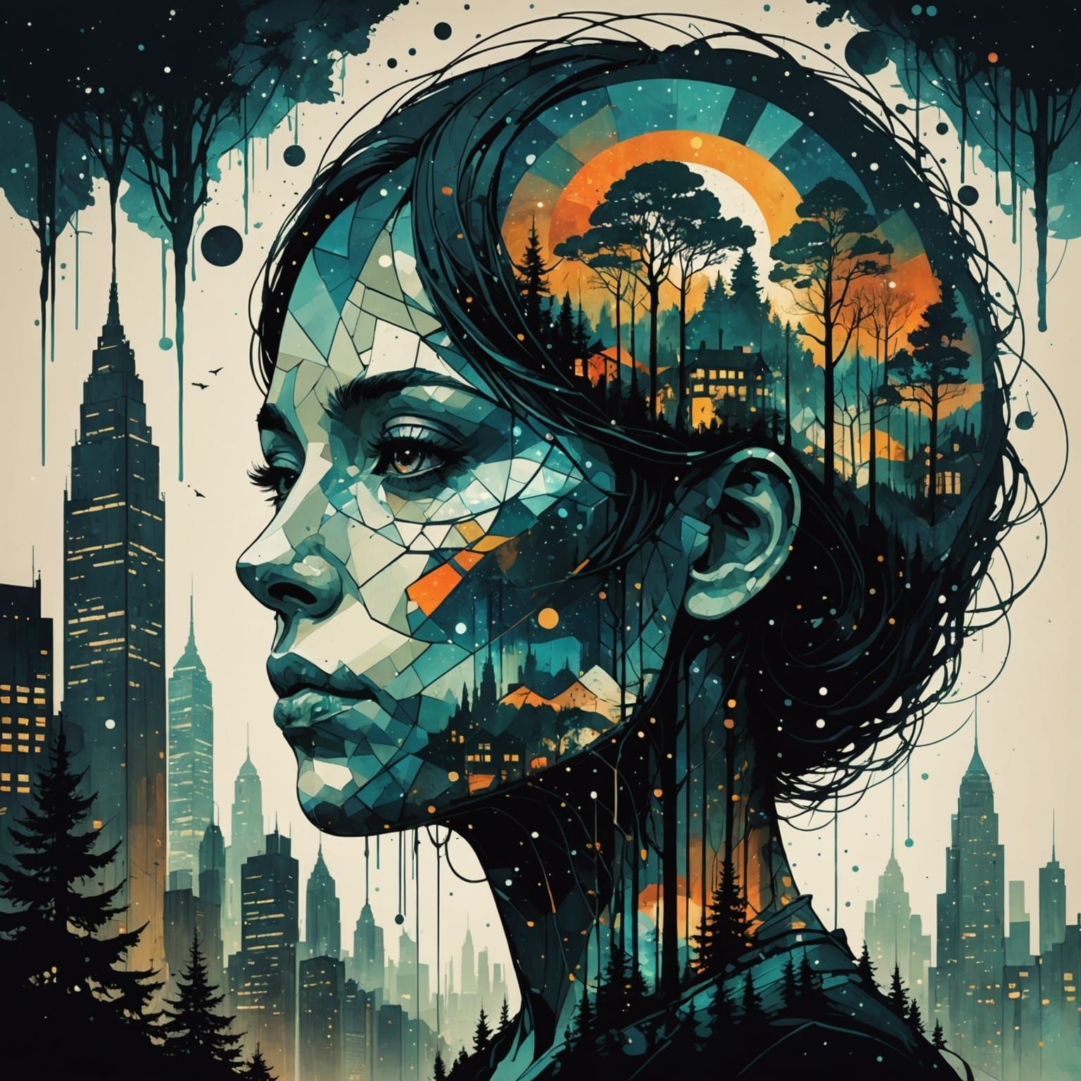 Galaxy Drips into Cityscape Silhouette Puppy Head