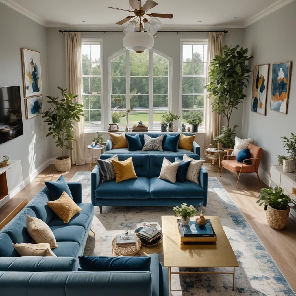 Contemporary Living Room with Blue Velvet Sofa