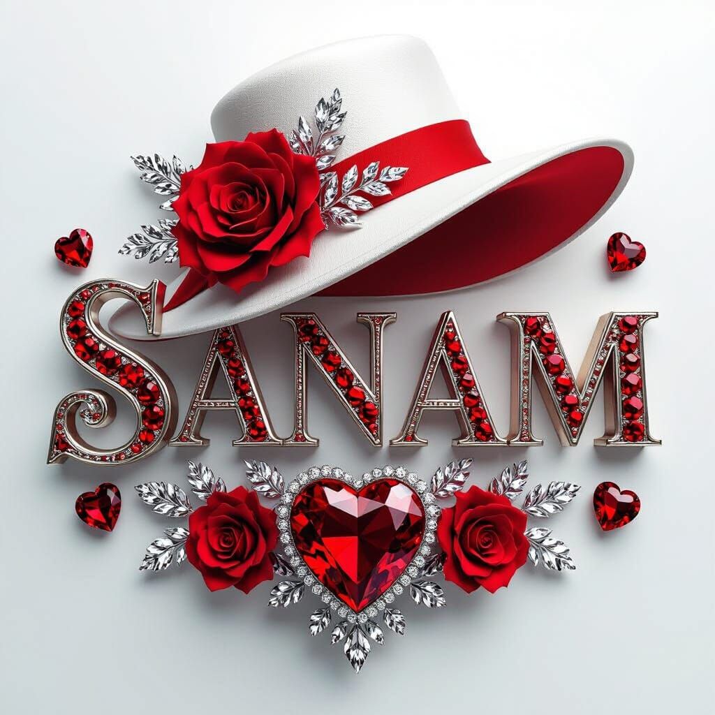 Sanam in Elegant 3D Letters with Red Crystals