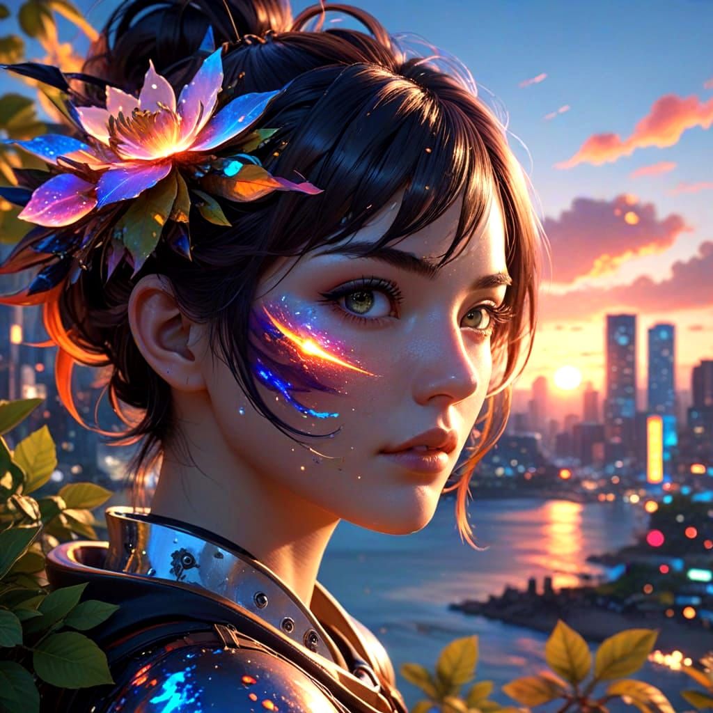 Abstract Anime Portrait with Colliding Worlds