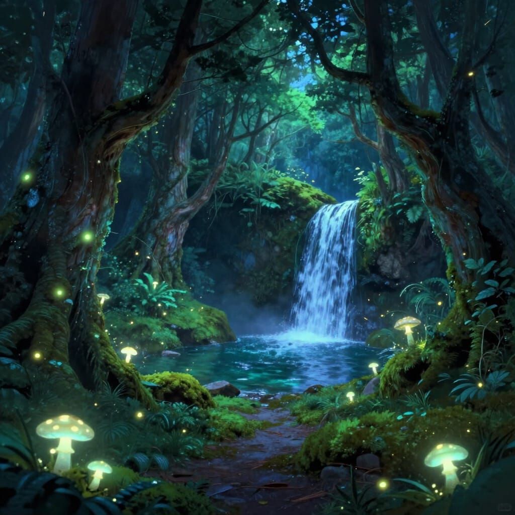 Bioluminescent Forest Twilight with Glowing Flora