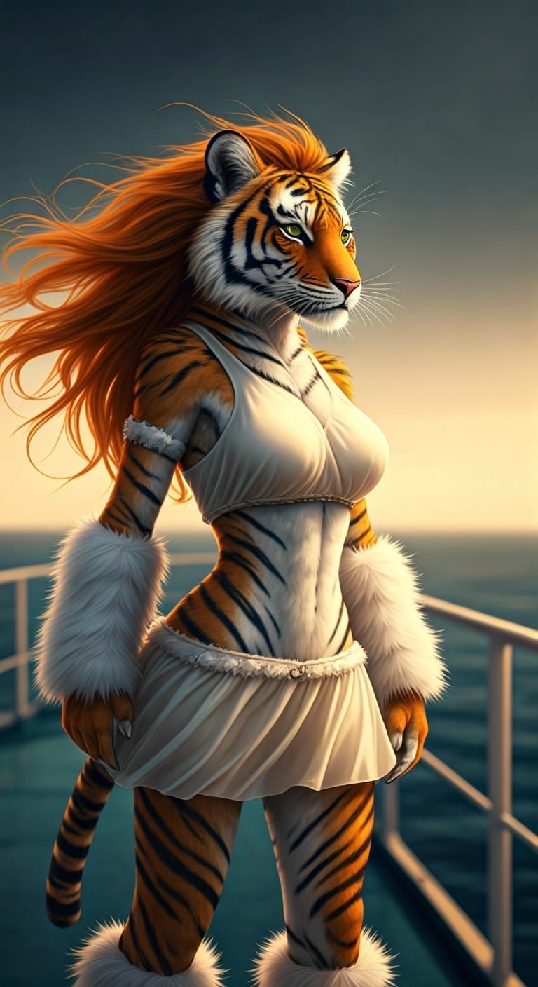 Anthropomorphic Tigress on Ferry in Dramatic Style