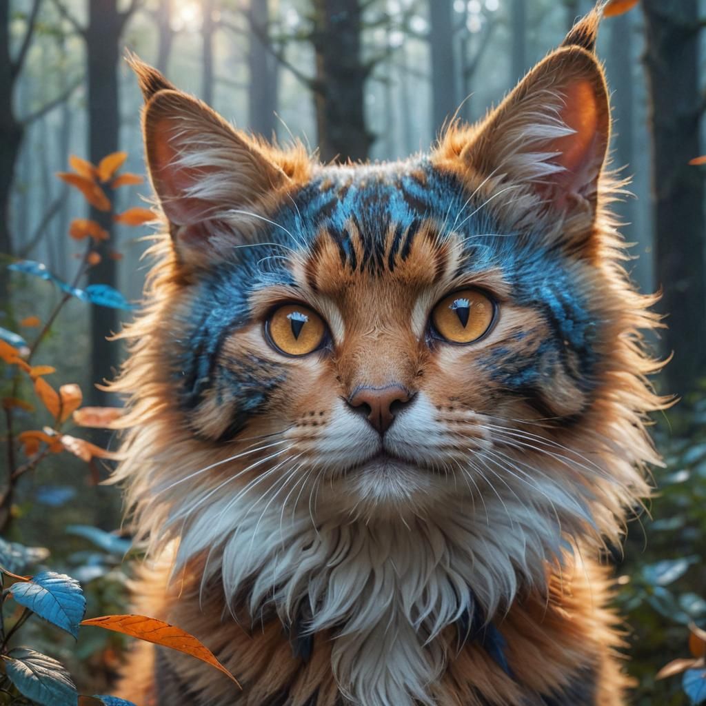 Cat-Dog Hybrid Portrait in Whimsical Forest