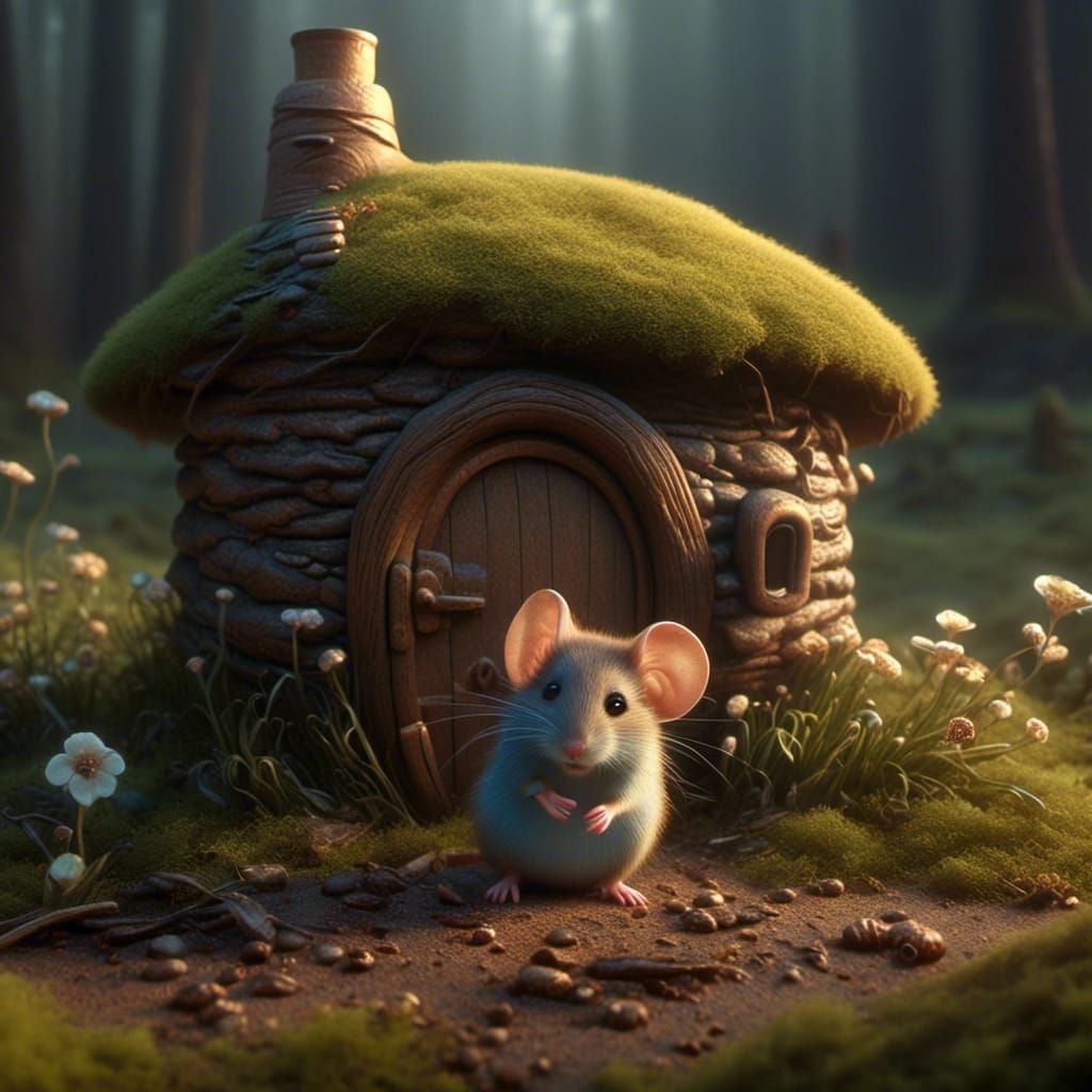 Adorable Mice Outside Cozy Cottage in Woods