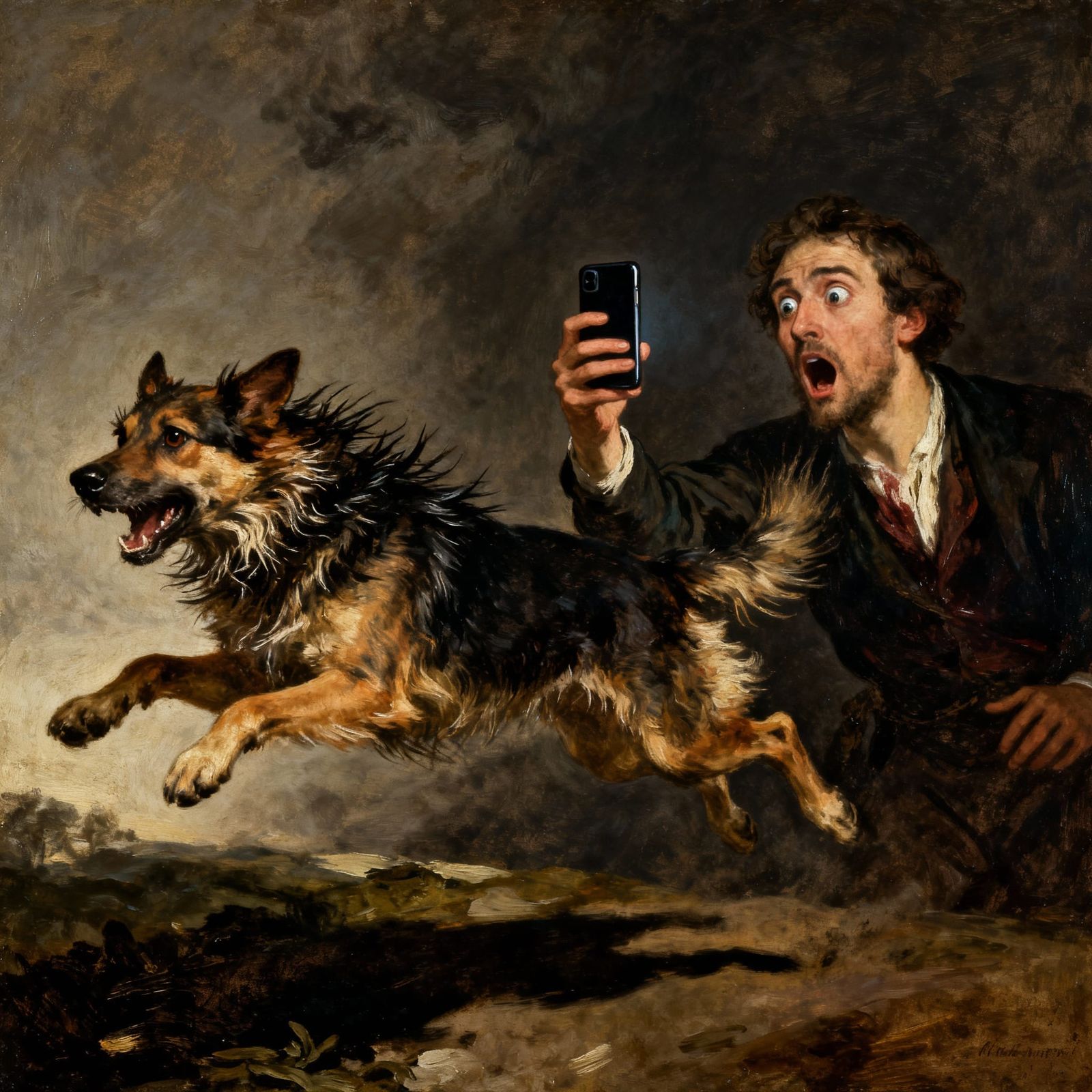 Shocked Man Chased By Terrified Dog, Oil Painting Style