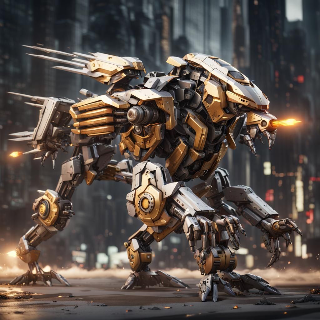 Griffin Mech Horde Destroying City in Sci-Fi Style