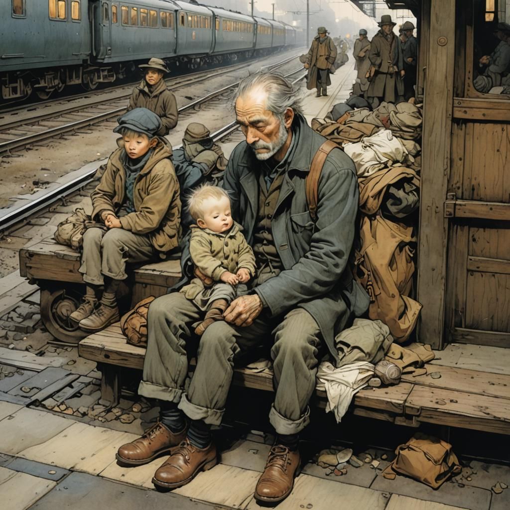 Boy Sleeping at Train Station in Illustrated Style