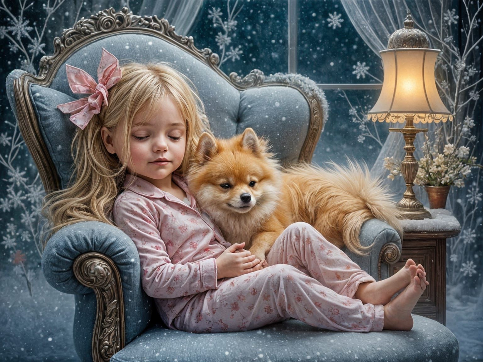 Cozy Winter Night: Child and Pomeranian Sleep
