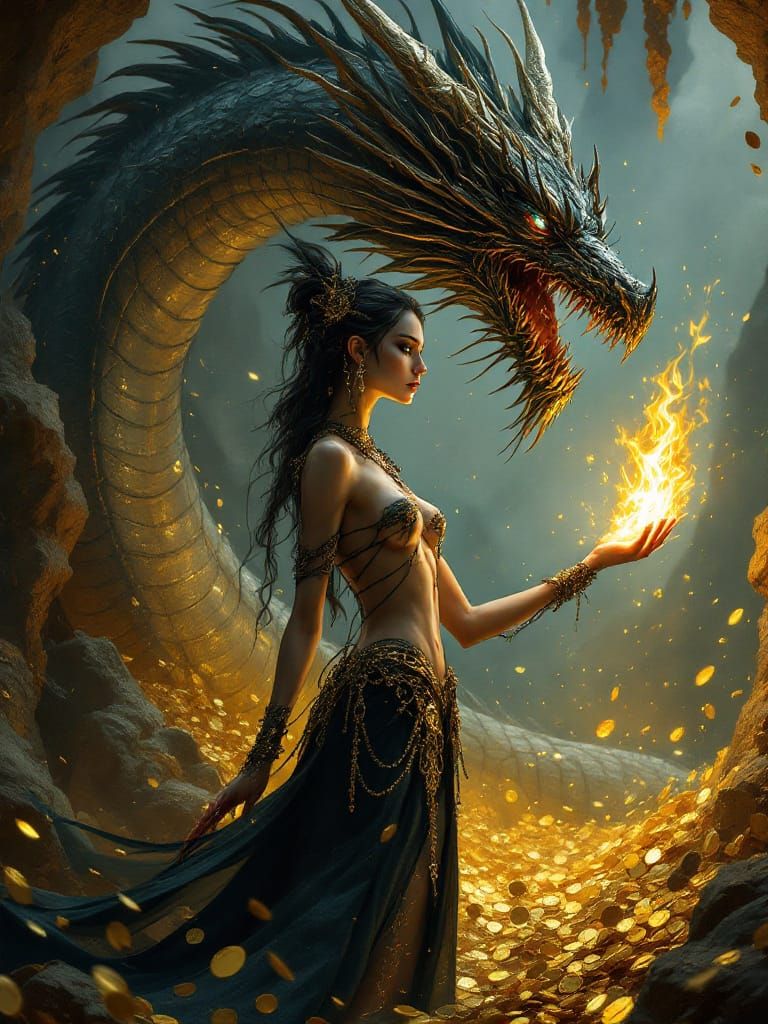 Enchantress Tames Dragon with Stillness in Surreal Dark Fant...