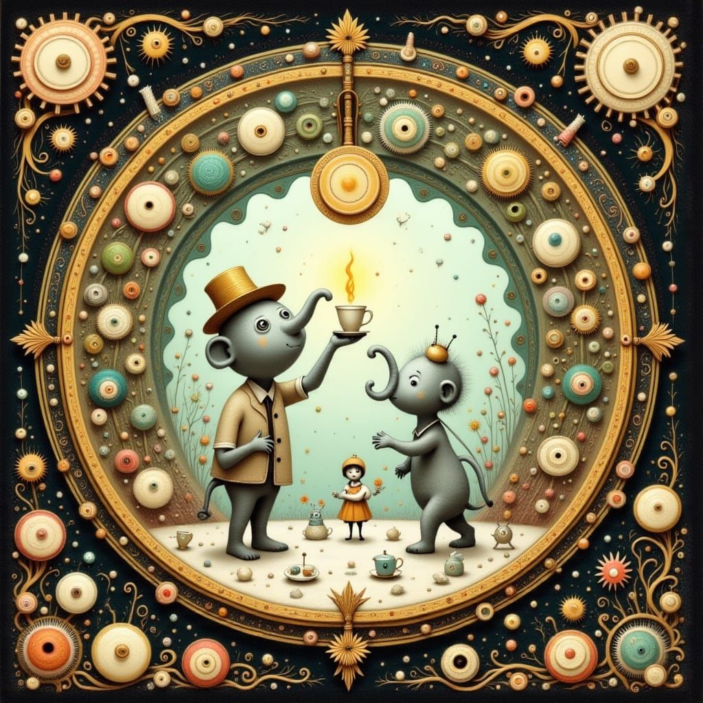 Chibi Elephants' Tea Party Inside Antique Clock