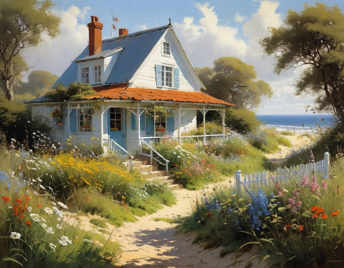 Quaint Sun-Baked Summer Beach House Overrun by Wildflowers