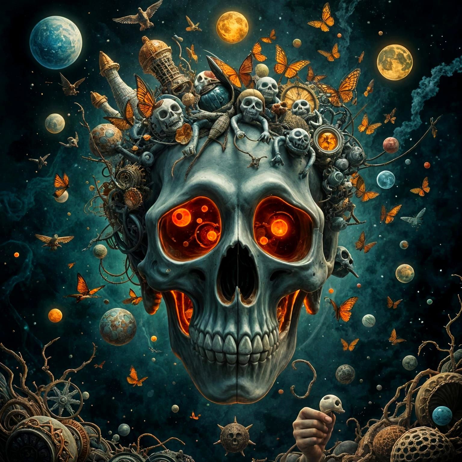 Surreal Mindscapes within a Skull in Hyperrealistic Style