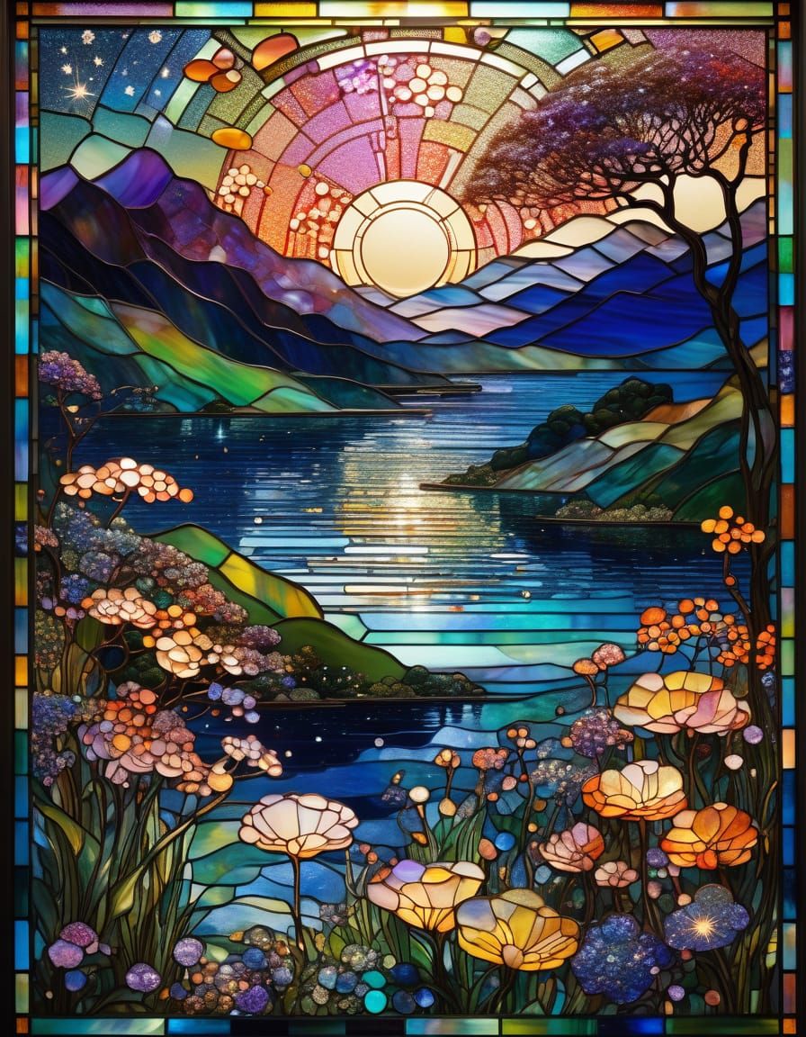 Art Nouveau Stained Glass Fantasy Landscape
