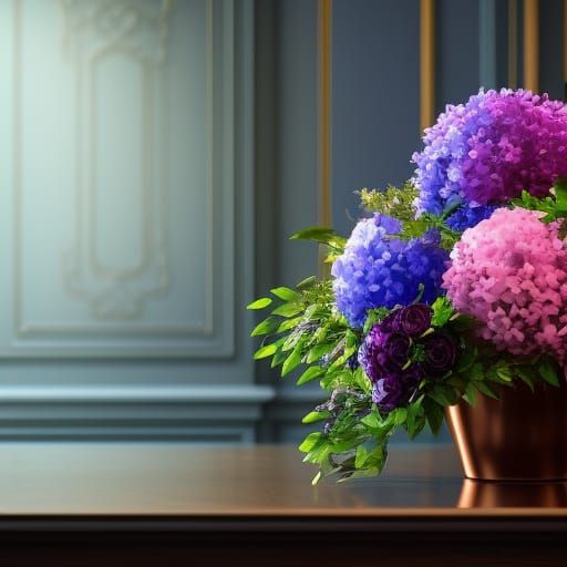 Copper Vase with Blue and Pink Hydrangeas