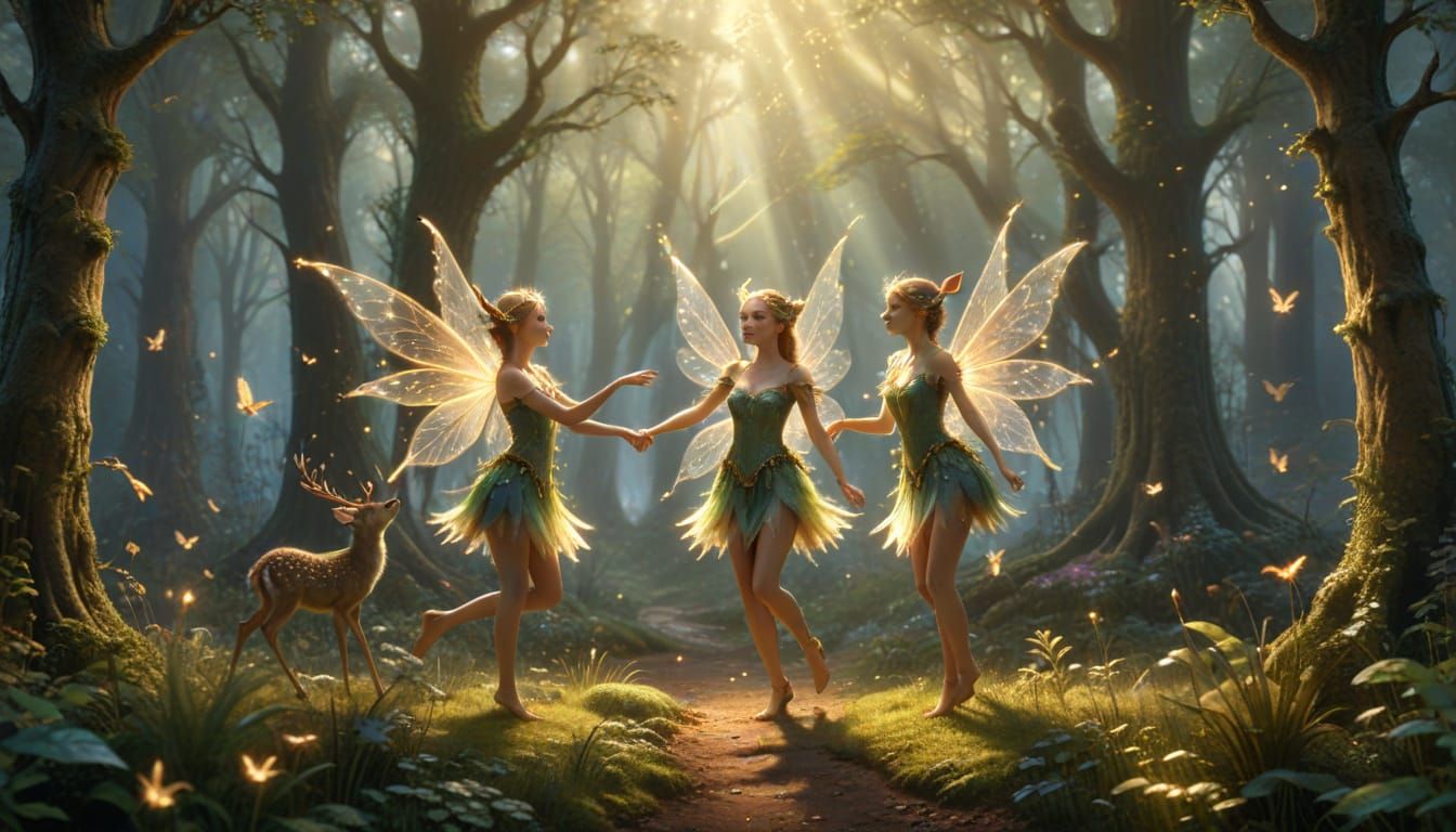 Elven Fairies Dancing in Enchanted Forest, Kinkade Style