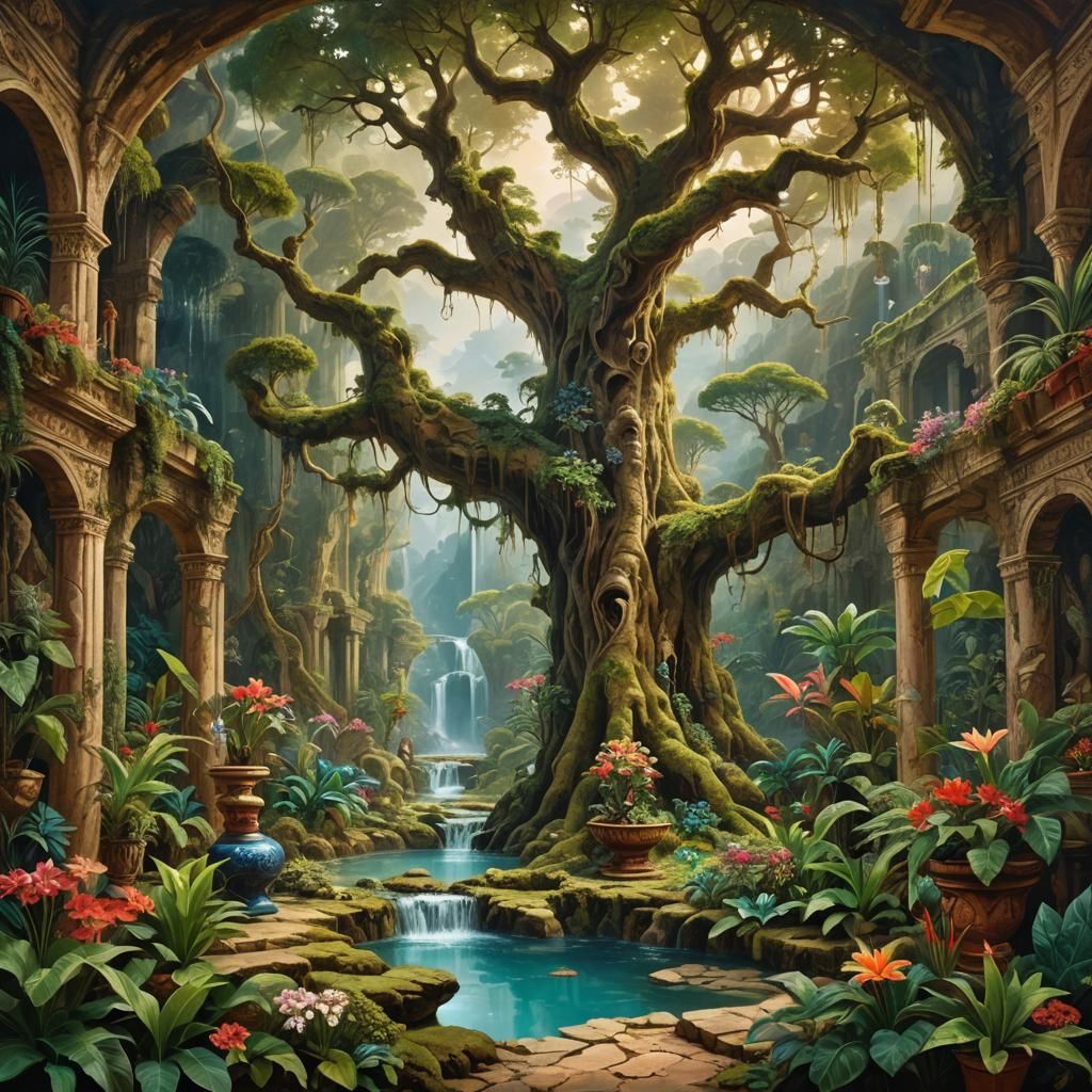 Surreal Interior with Ancient Tree and Roman Water System