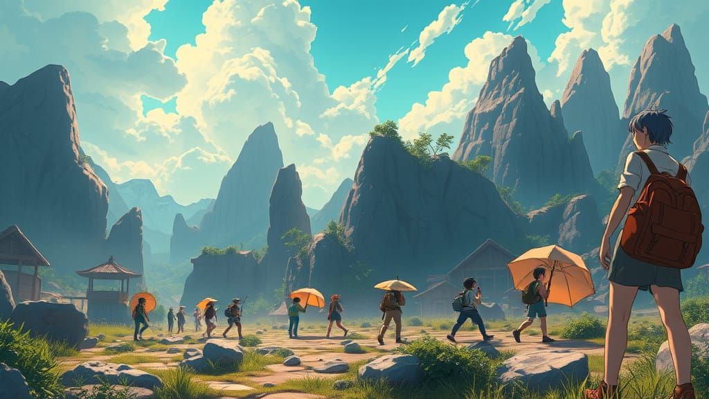 Ox Cart on Mountain Road in Anime Style