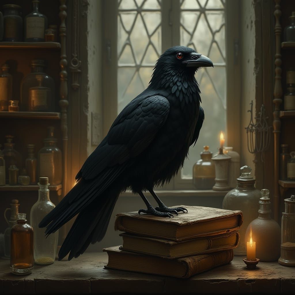Raven in Victorian Apothecary: Hyperrealistic Digital Painti...