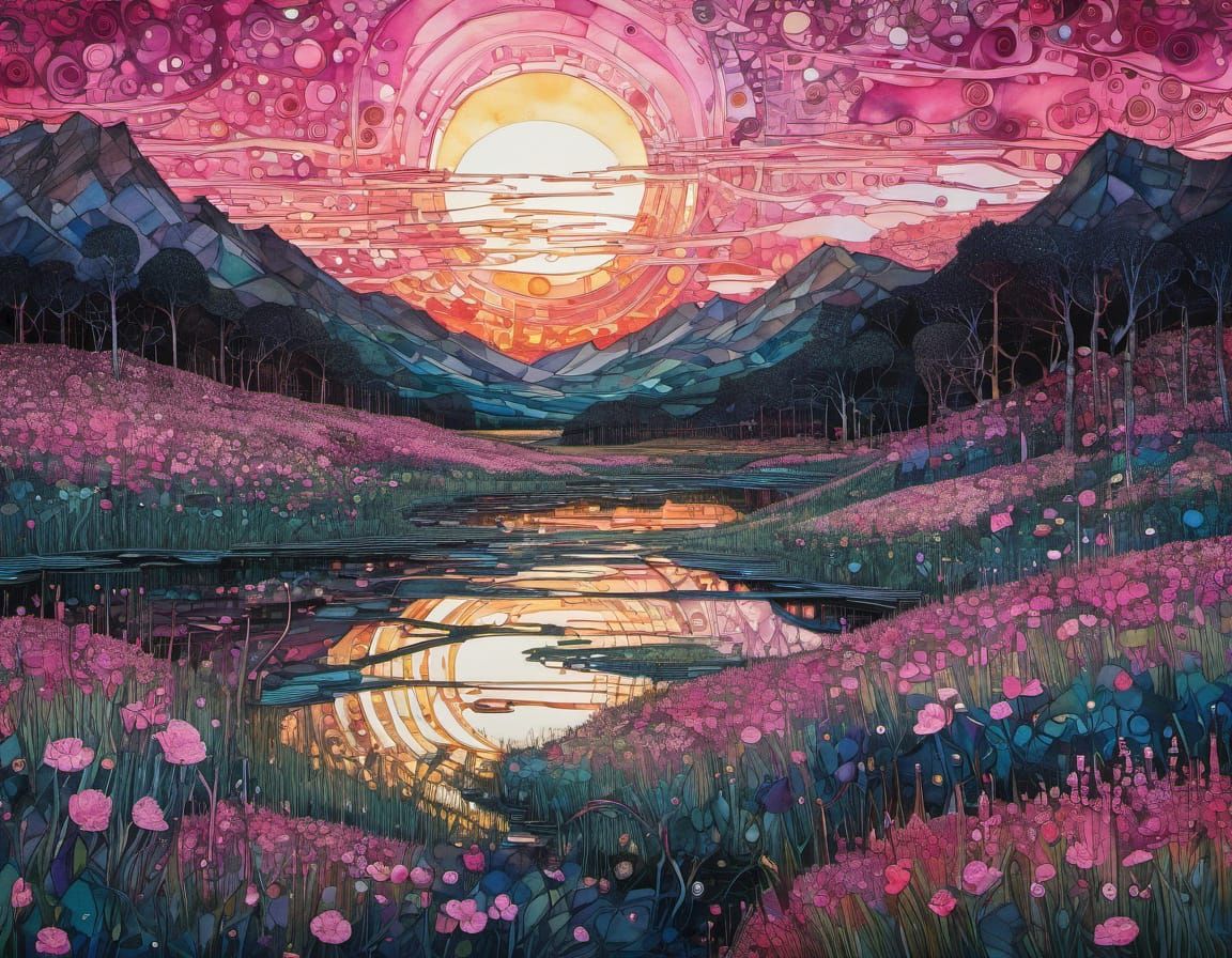 Ethereal Scottish Spring Landscape in Vibrant Pink Hues