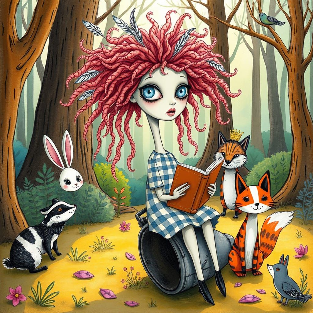 Whimsical Girl Reading in Magical Forest