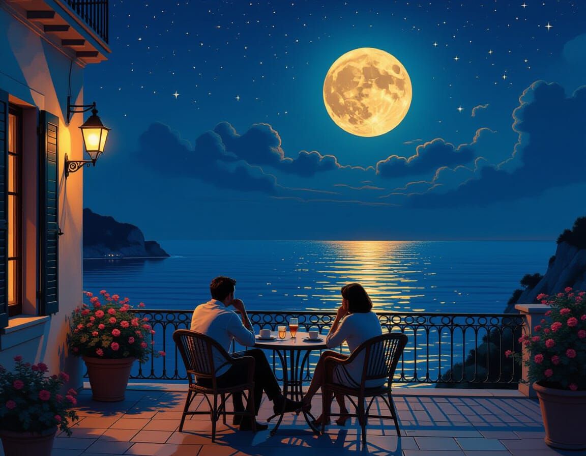 Italian Friends Enjoying Coffee Under Pink Moon