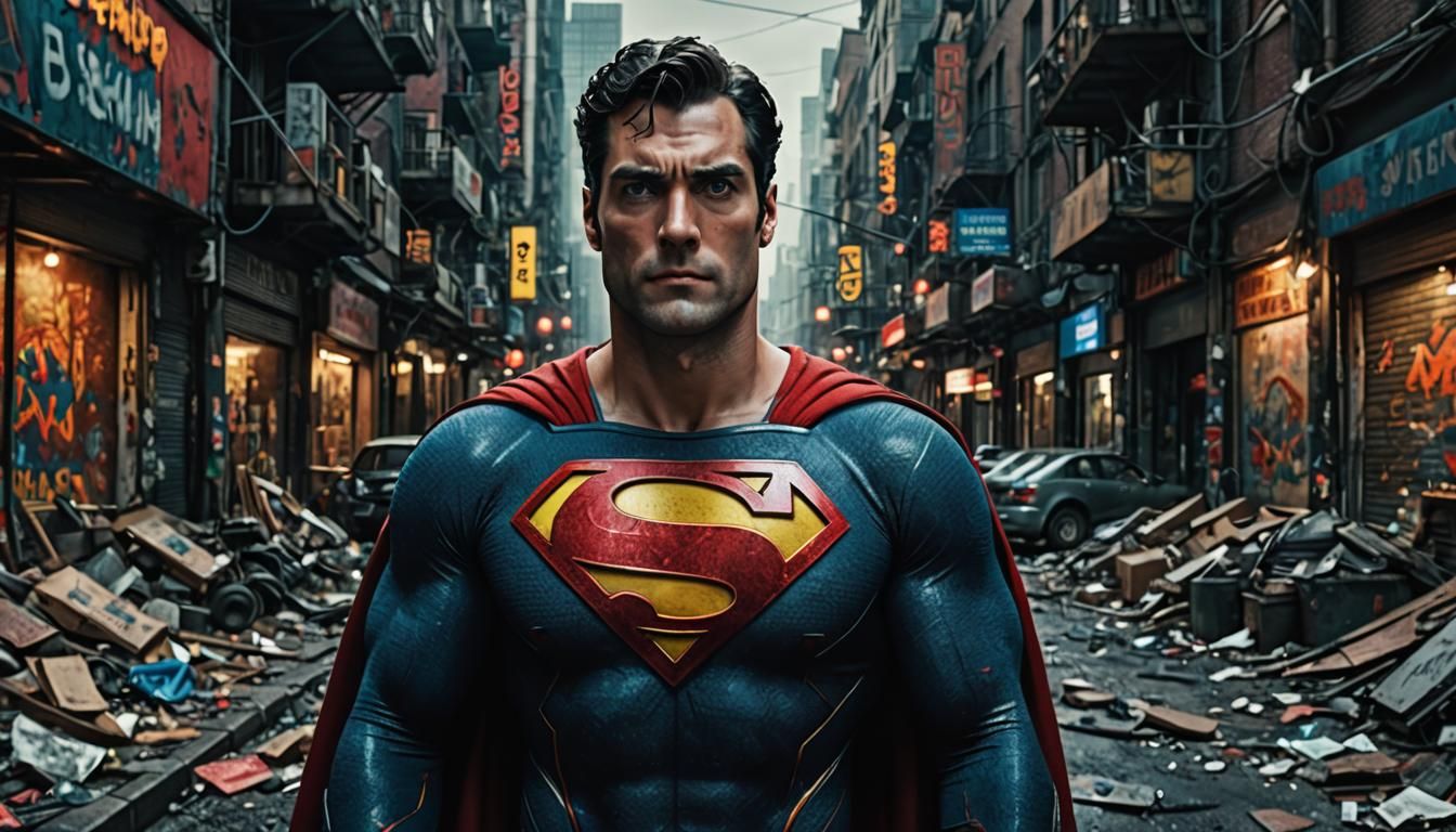 Dystopian Maximalist Superman in Analog Style