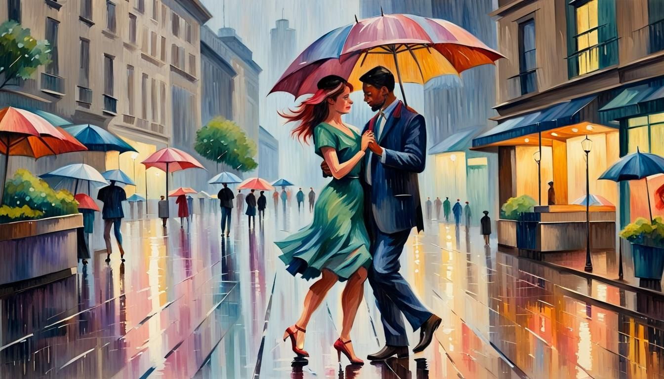 Couple Dancing in Rainy City, Gouache Impressionist Style