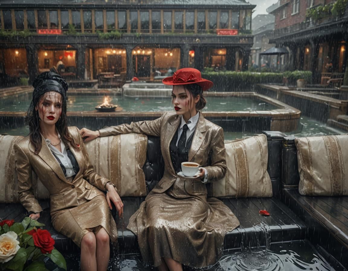 Glamorous Women Enjoying Tea in Jacuzzi