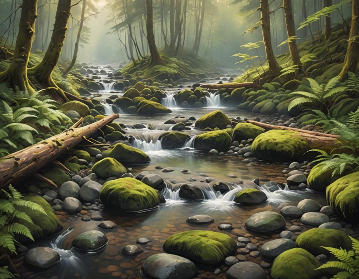 Misty Forest Stream in Ethereal Oil Painting Style