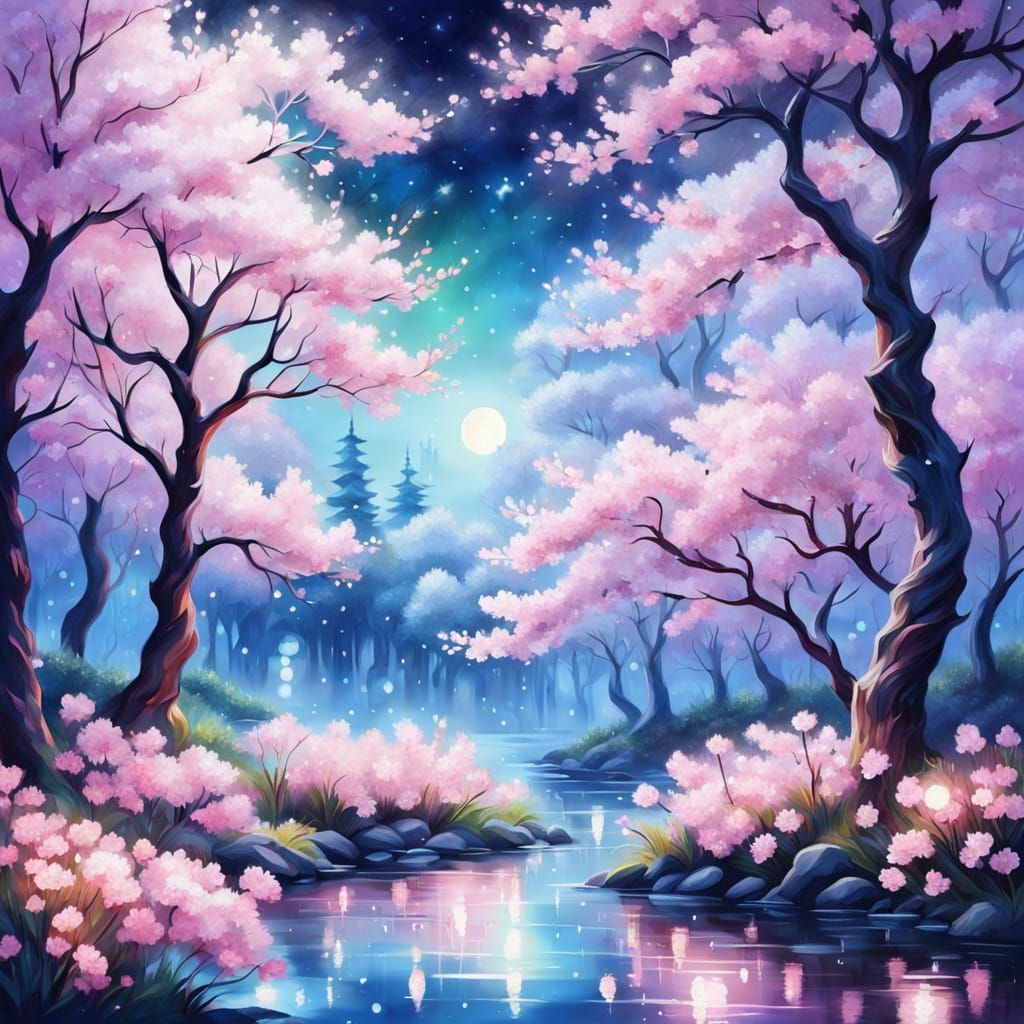 Surreal Cherry Blossom Forest at Night