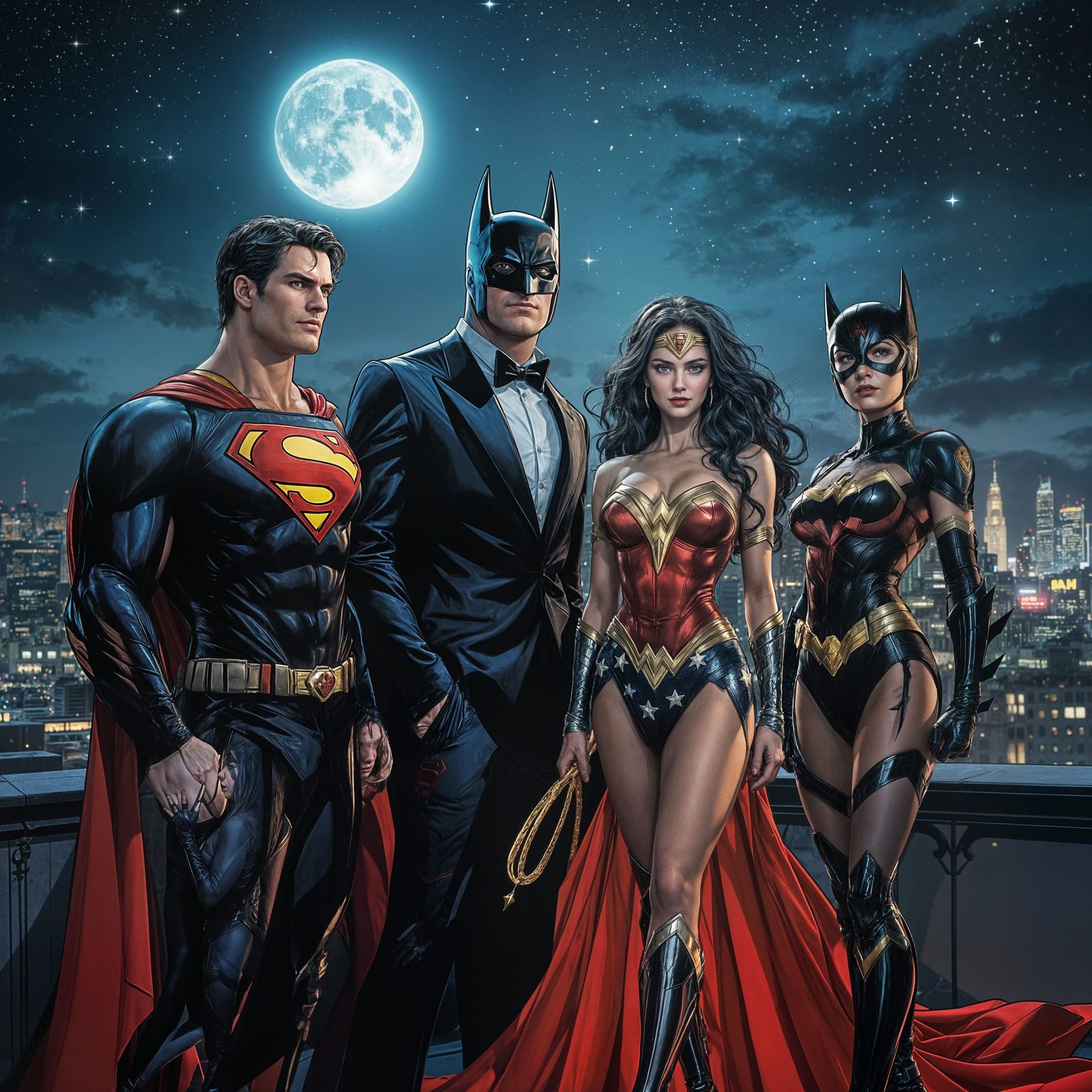 Superheroes on a Moonlit Rooftop Date in Dynamic Comic Book ...