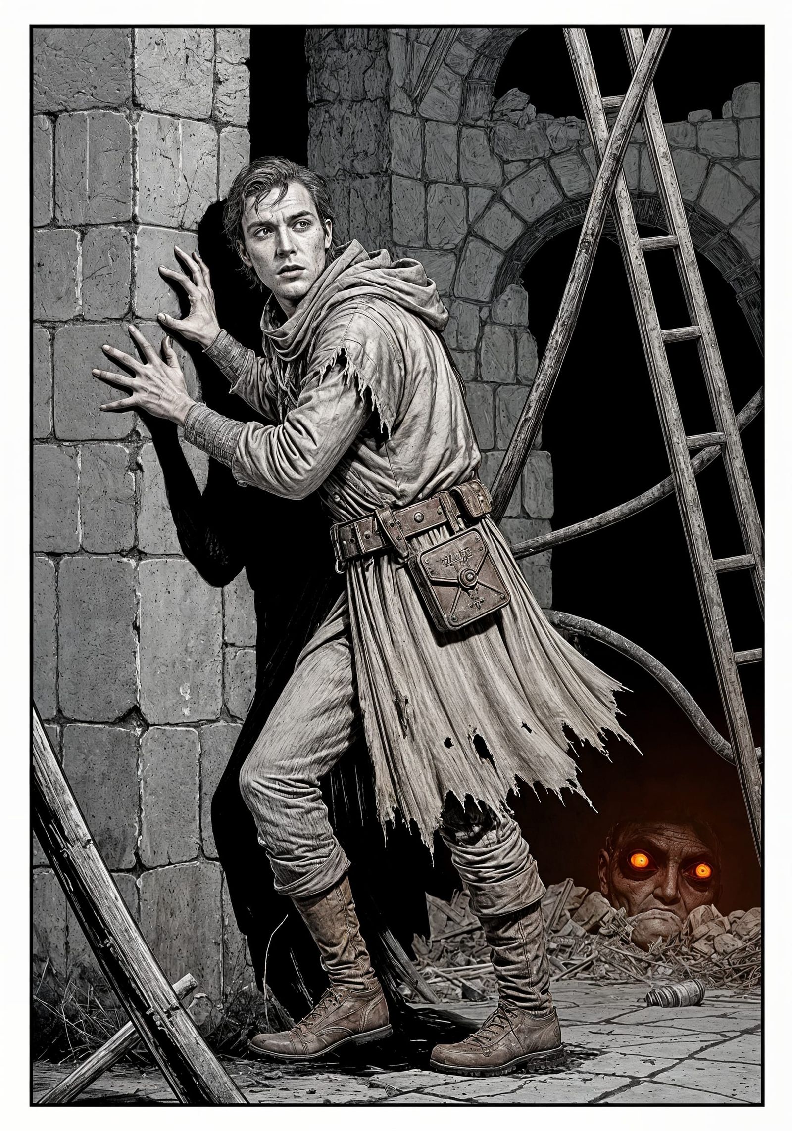Explorer in Dark Dungeon: Gritty Black and White Portrait