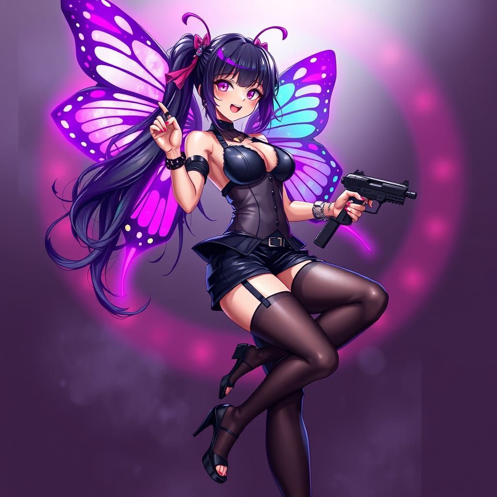 Anime Girl Controlled by Purple Butterfly in Cyberpunk Style
