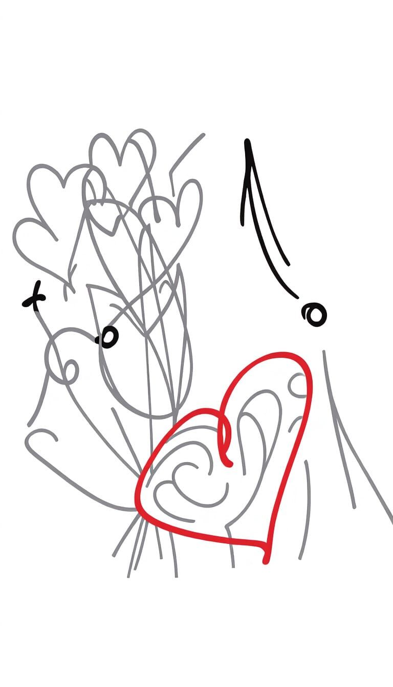 Woman Surrounded by Heart Balloons in Whimsical Style