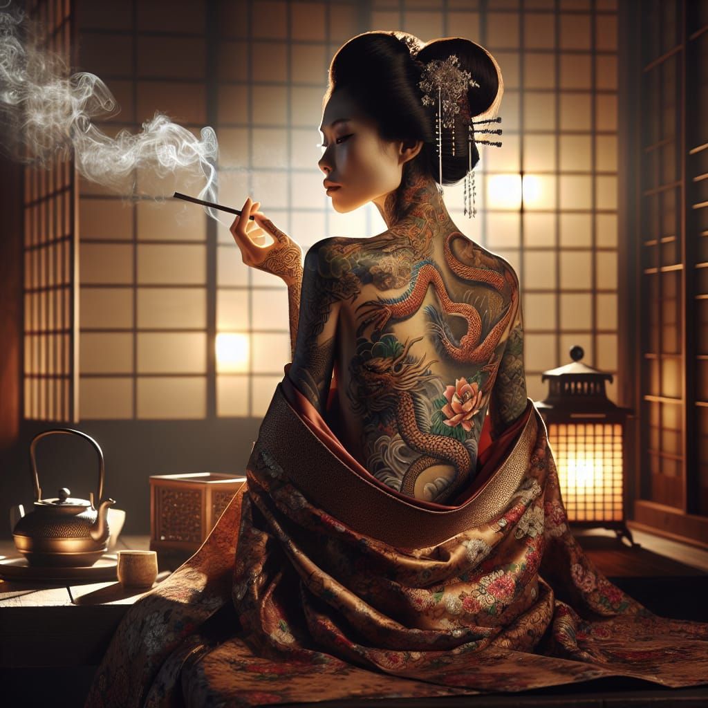 Geisha with Dragon Tattoo in Japanese Teahouse