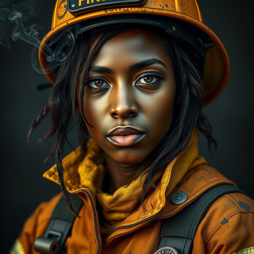 Hyperrealistic Portrait of a Black Female Firefighter